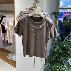 A126 - 220g Heavyweight Cotton T-Shirt with Pre-Layered Beaded Necklace Design - Brilliant Summer Collection Boutique Tee (Available in 4 Colors)