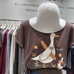 A106 - "Hi, July!" Artistic Goose Graphic T-Shirt - 220g Ultra-Heavyweight Cotton Tee with 3D Beaded Necklace & Patchwork Details
