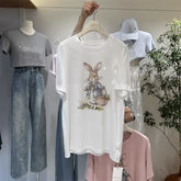 A136 - Oversized Rabbit Embroidery Tee - 220g Premium Cotton with Silver Bead Accents