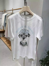A124 - Wallace & Gromit Schnauzer Graphic T-Shirt - Floral Beret Dog Print Tee with Beaded Embroidery - Y2K Aesthetic Cotton Top