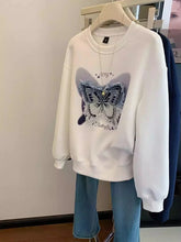 VINESU Casual Streetwear: White Sweatshirt Denim Butterfly Patch