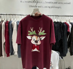 VINESU A02 - Reindeer Rhinestone & Bead Embellished 220g Cotton Tee