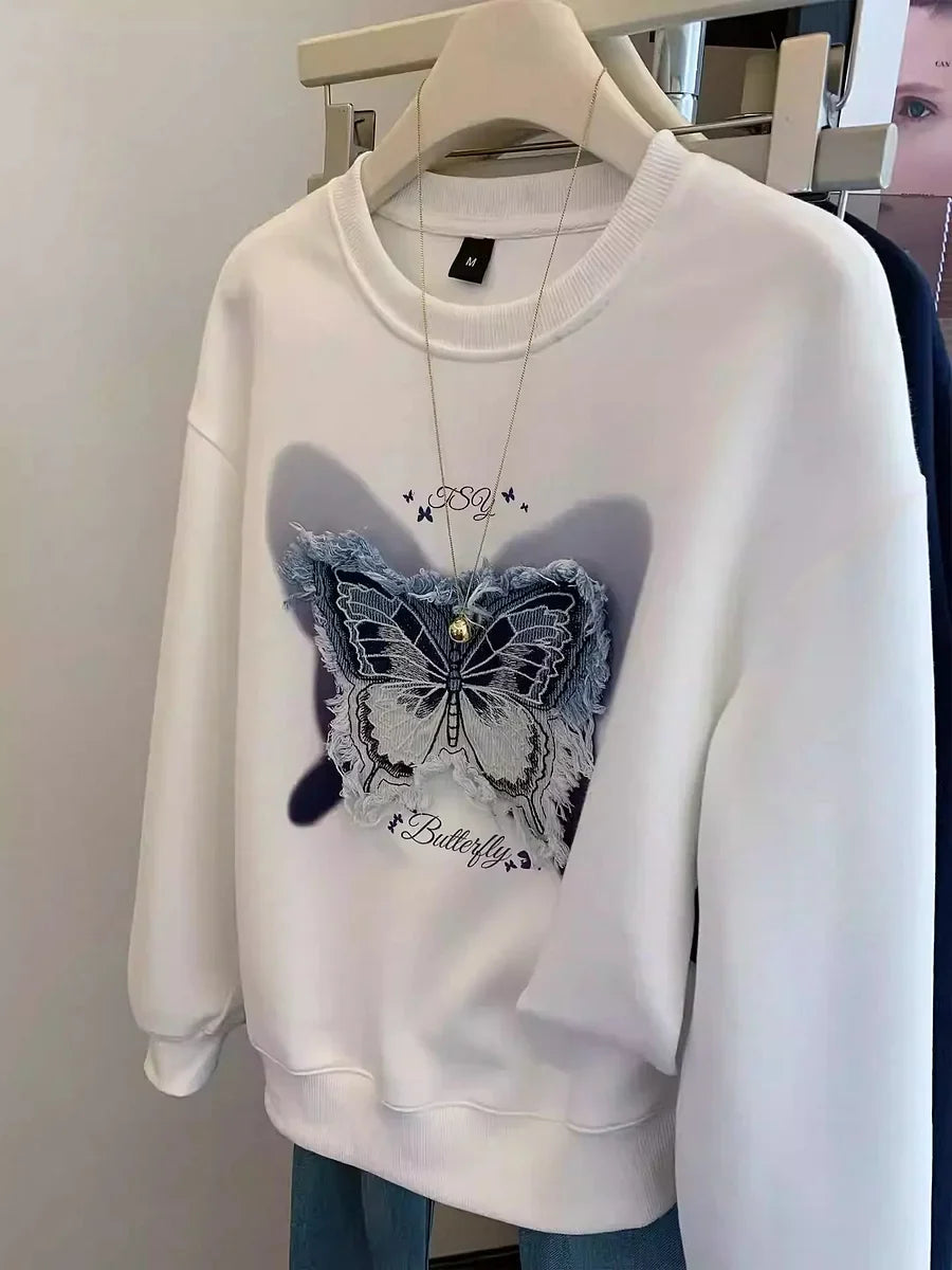 VINESU Casual Streetwear: White Sweatshirt  Denim Butterfly Patch