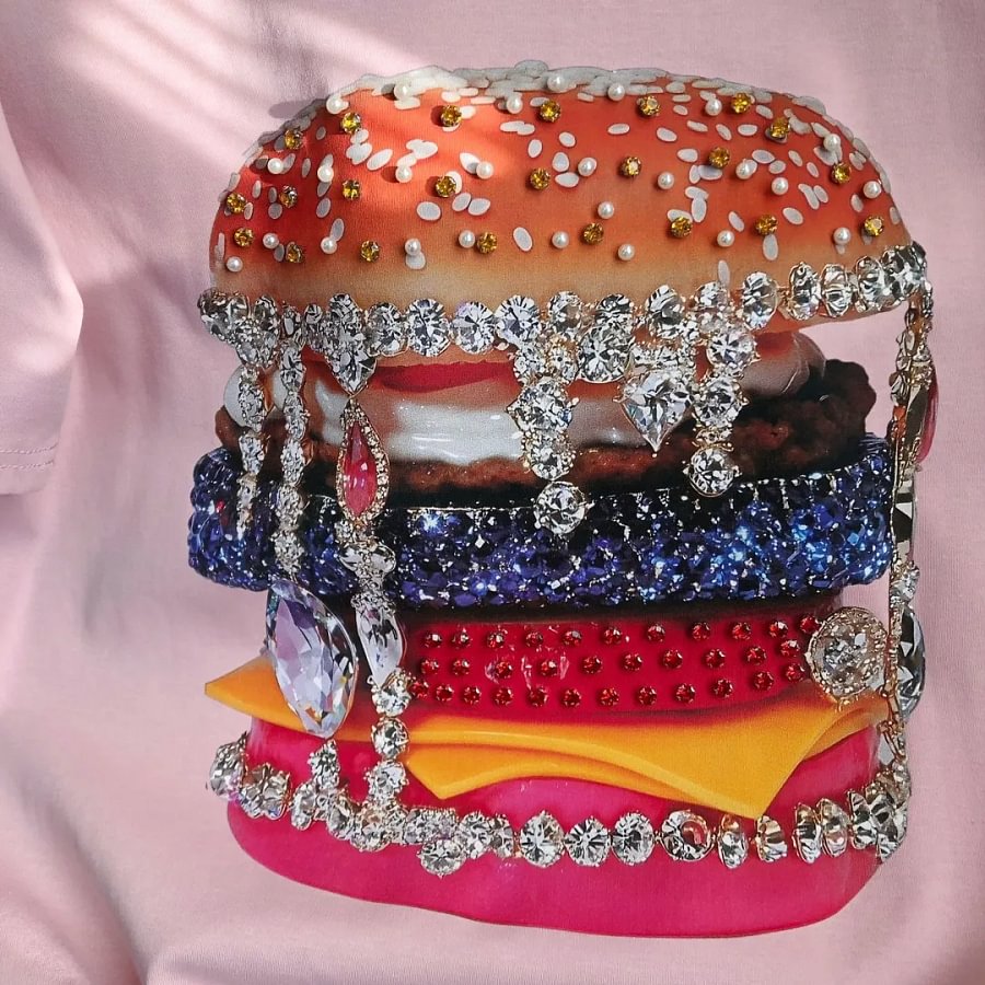 VINESU Pink Edgy-Cute Tee with Heavy Rhinestone Burger Print