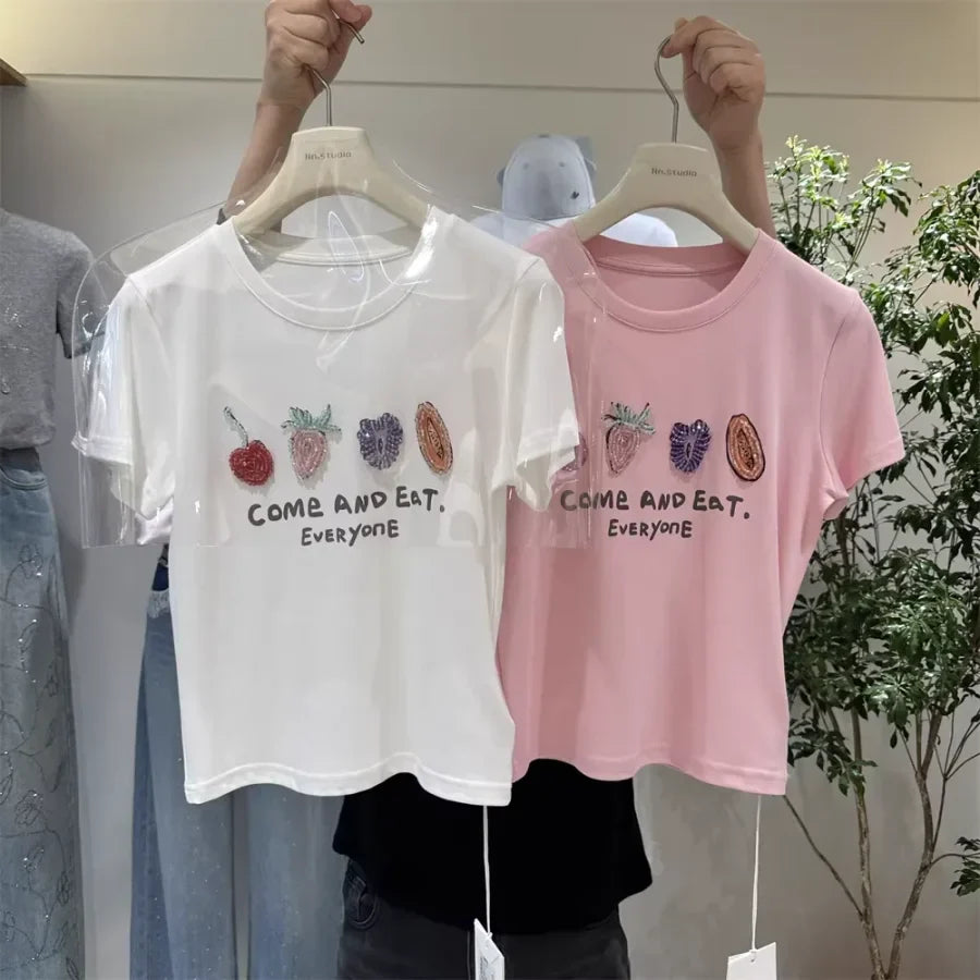 A121 - Luxury Fruit Embroidery Beaded T-Shirt - 100% Heavy Cotton
