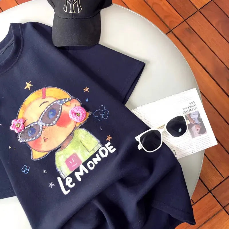 VINESU A12 - Le Monde Girl Oversized Tee with Rhinestone Sunglasses