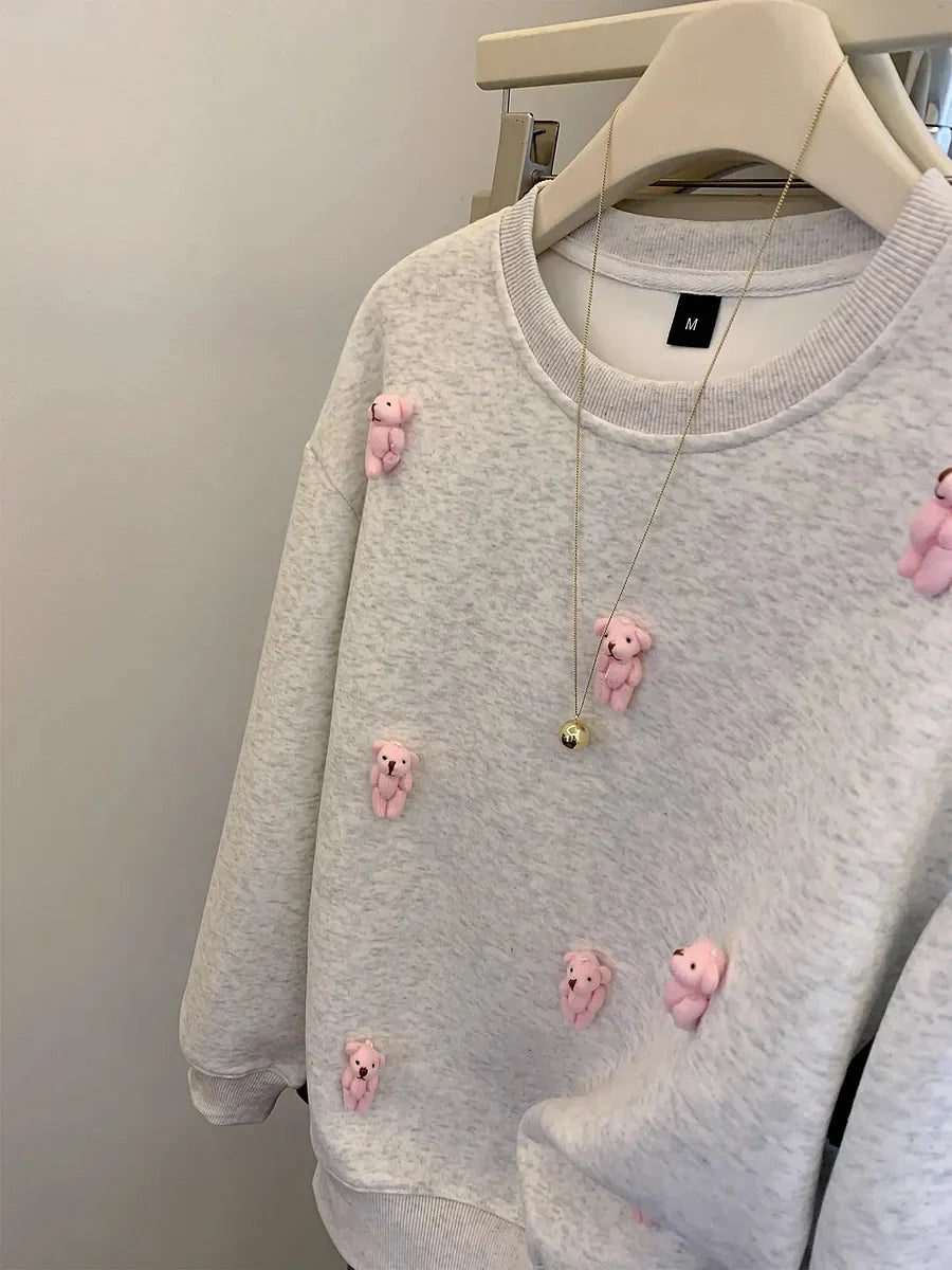 VINESU Trendy 3D Pink Bear Gray Sweatshirt for Casual Outfits - Gray