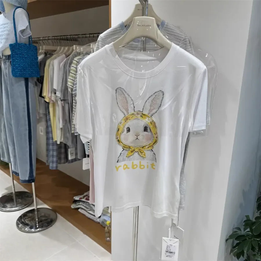 A122 -220g Cotton Tee with Hand-Beaded Bunny & Floral Hood Motif