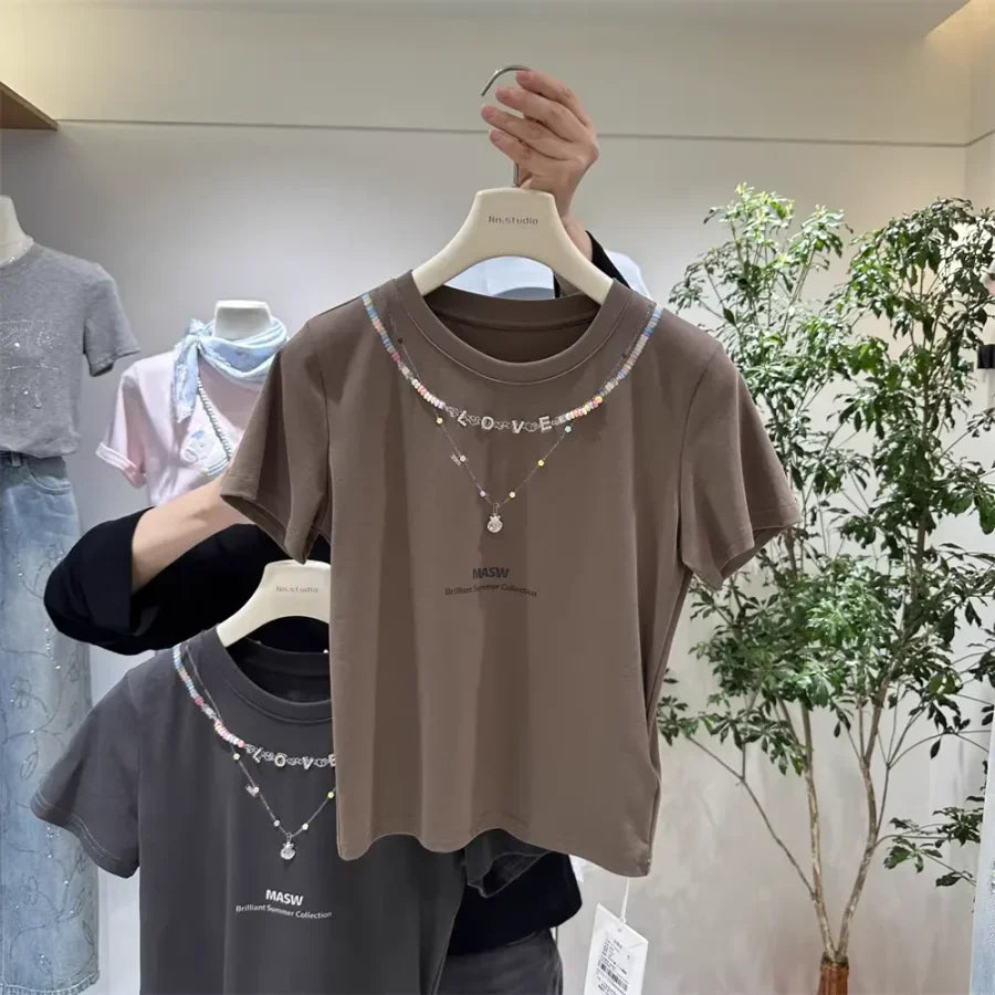 A126 - 220g Heavyweight Cotton T-Shirt with Pre-Layered Beaded Necklace Design - Brilliant Summer Collection Boutique Tee (Available in 4 Colors)
