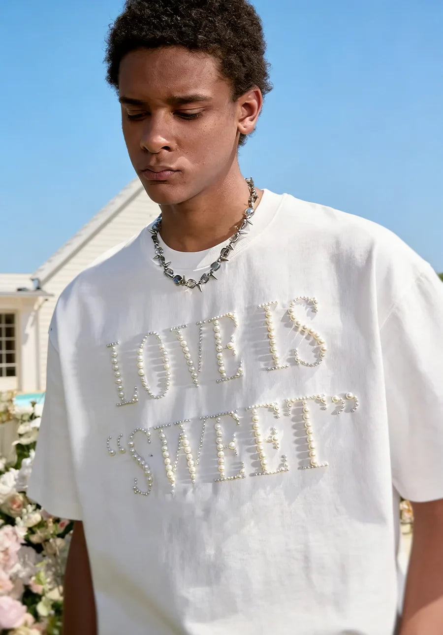 VINESU A37 - Oversized Pearl-Embellished "LOVE IS SWEET" T-Shirt, Unisex Streetwear Tee