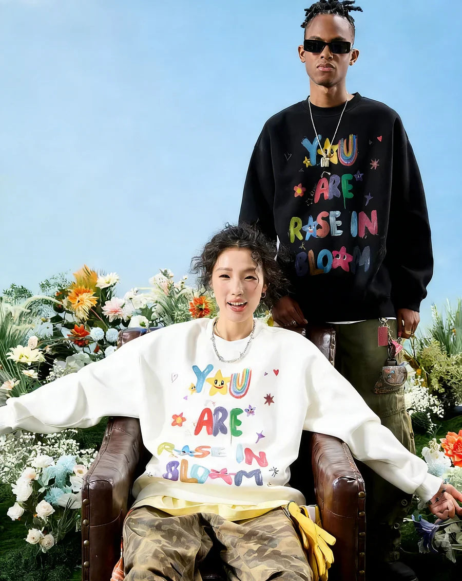 VINESU A36 - Oversized Hand-painted "You Are A Rose In Bloom" Graphic Sweatshirt, Colorful Y2K Aesthetic Pullover