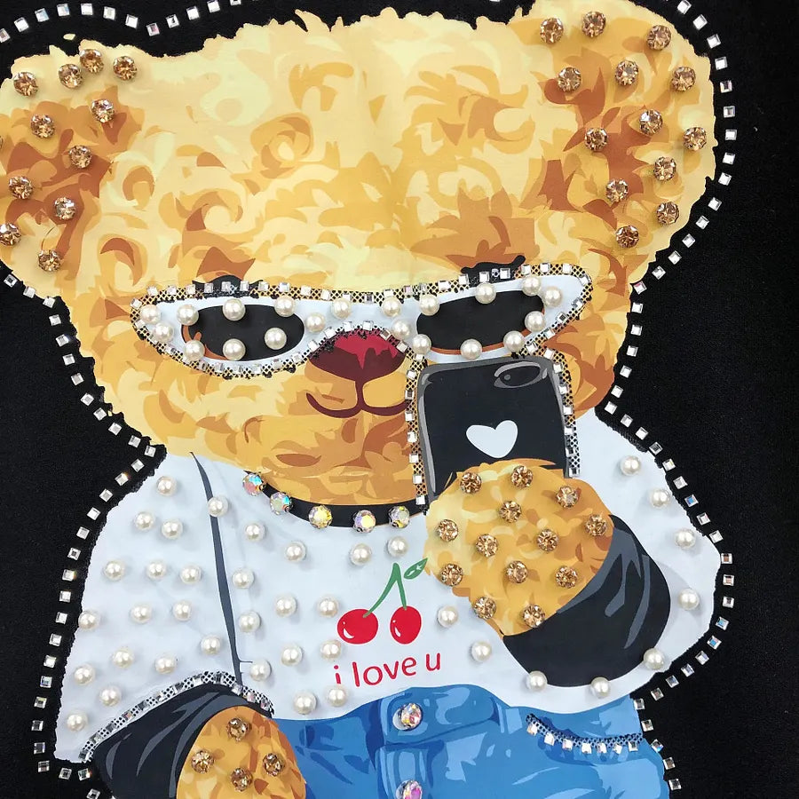 VINESU A18 - Selfie Teddy Bear Print Hand-Beaded Casual T-Shirt