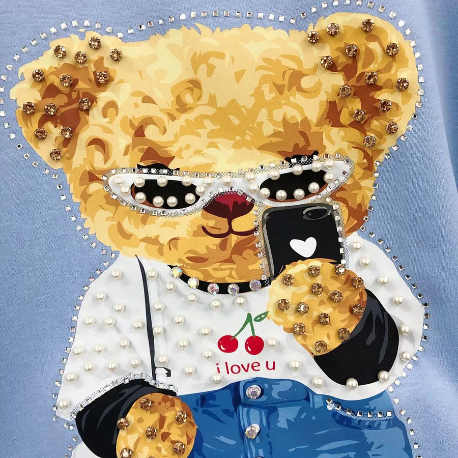 VINESU A18 - Selfie Teddy Bear Print Hand-Beaded Casual T-Shirt