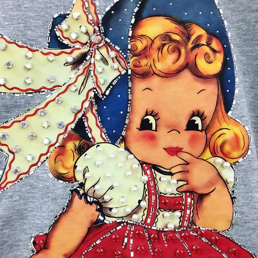 VINESU A19 - Vintage Girl & Doll Pearl & Rhinestone Embellished Cotton T-Shirt