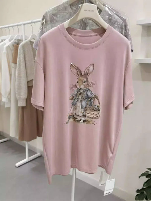 A136 - Oversized Rabbit Embroidery Tee - 220g Premium Cotton with Silver Bead Accents