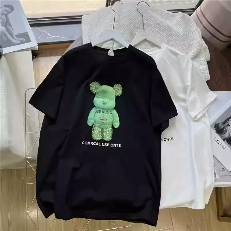 VINESU 3D Bear Rhinestone-Embellished T-Shirt - Casual Streetwear