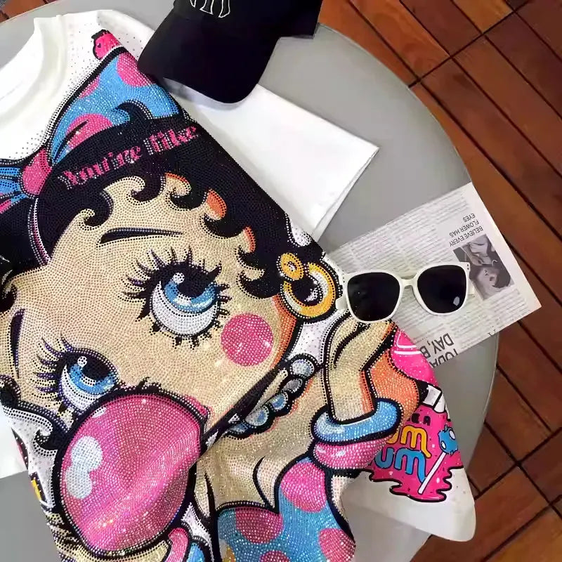 VINESU A01 - Rhinestone Betty Boop Cotton Brushed Oversized T-Shirt