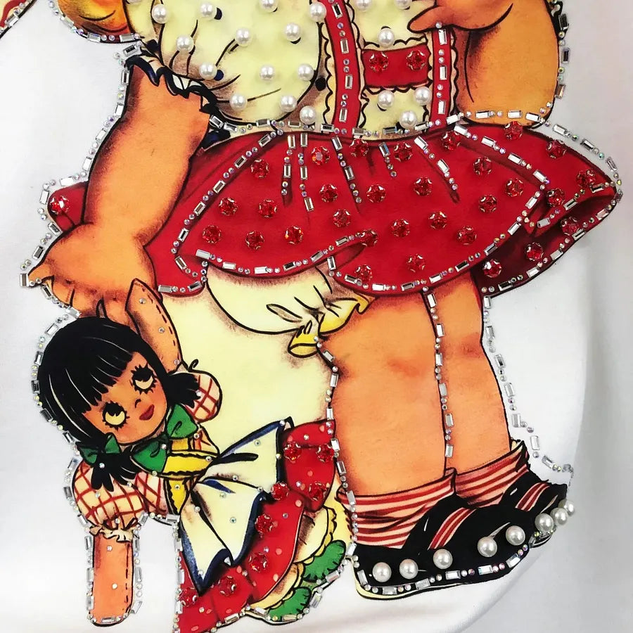 VINESU A19 - Vintage Girl & Doll Pearl & Rhinestone Embellished Cotton T-Shirt