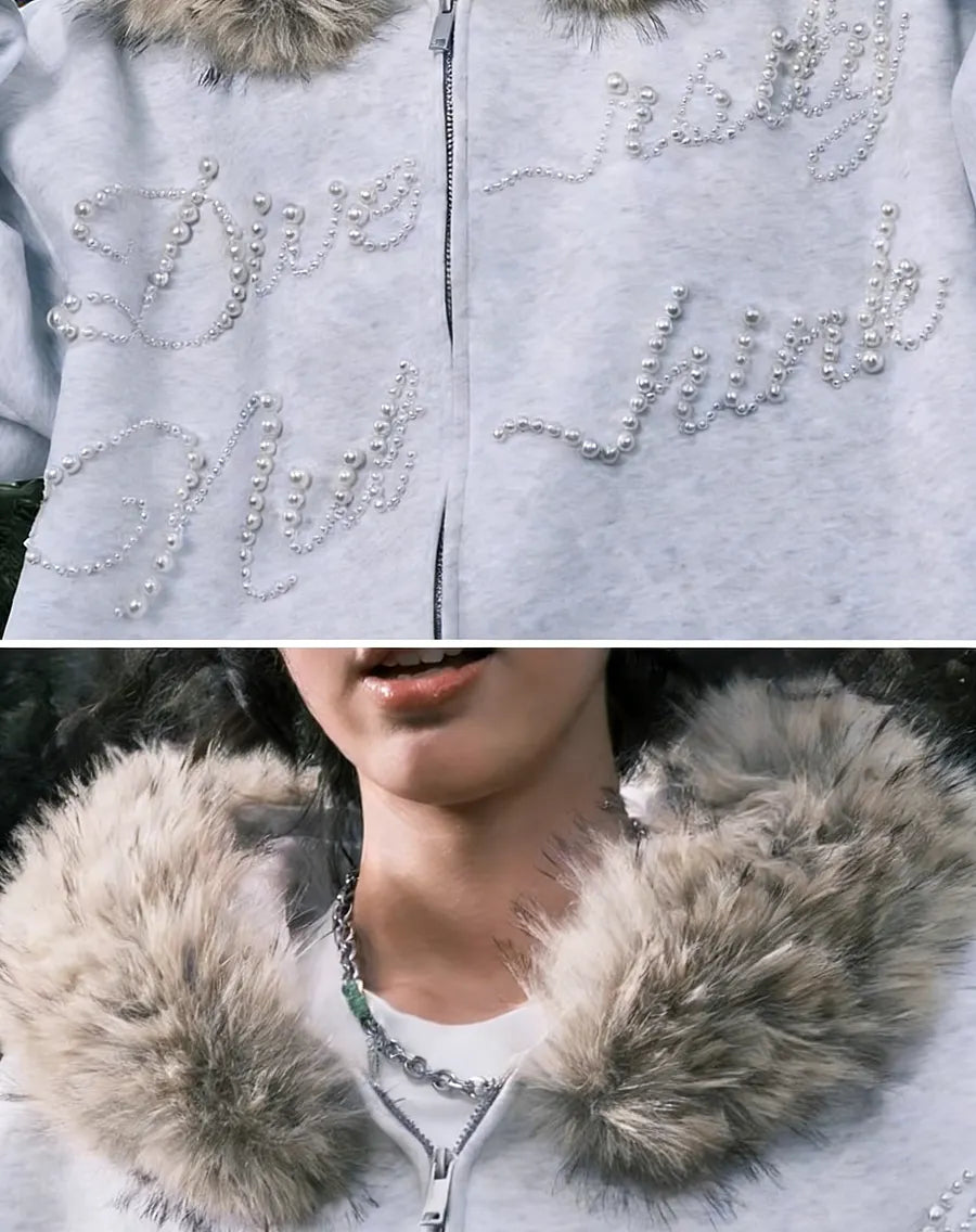 VINESU A34 - Oversized Fur Trim Rhinestone Letter Zip Up Hoodie, "Diversity" Graphic Streetwear Hoodie