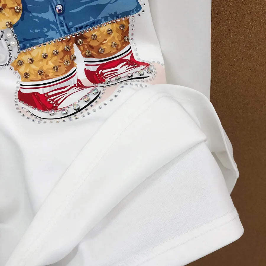 VINESU A18 - Selfie Teddy Bear Print Hand-Beaded Casual T-Shirt