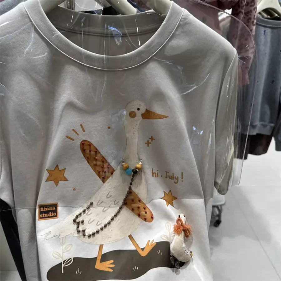A106 - "Hi, July!" Artistic Goose Graphic T-Shirt - 220g Ultra-Heavyweight Cotton Tee with 3D Beaded Necklace & Patchwork Details
