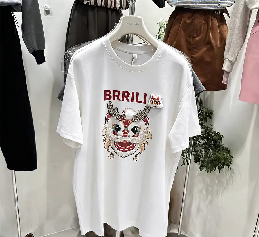 Vinesu A55 - 3D Rhinestone Lion Dance Oversized Tee