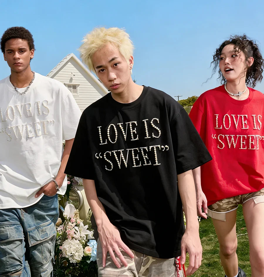 VINESU A37 - Oversized Pearl-Embellished "LOVE IS SWEET" T-Shirt, Unisex Streetwear Tee