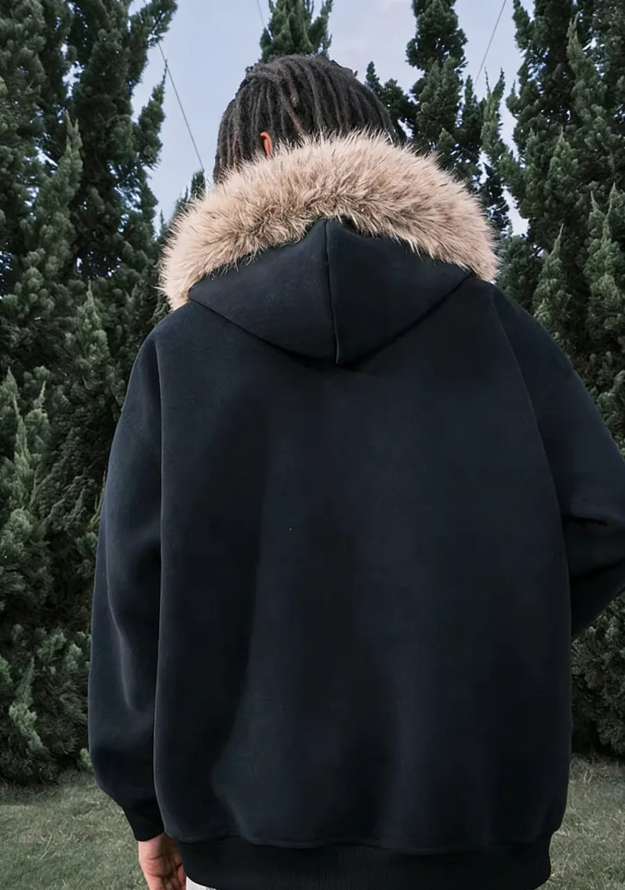 VINESU A34 - Oversized Fur Trim Rhinestone Letter Zip Up Hoodie, "Diversity" Graphic Streetwear Hoodie