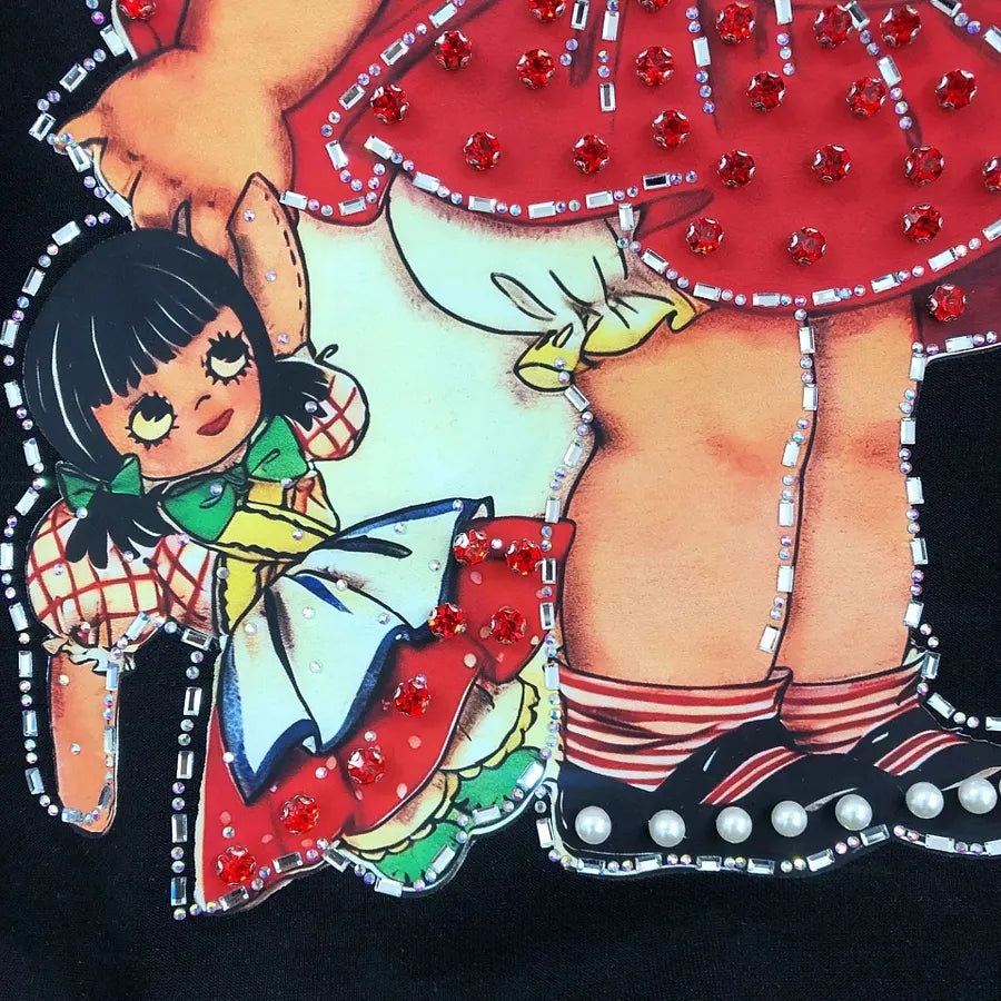 VINESU A19 - Vintage Girl & Doll Pearl & Rhinestone Embellished Cotton T-Shirt