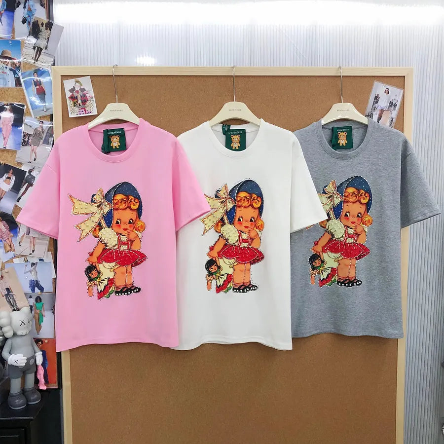 VINESU A19 - Vintage Girl & Doll Pearl & Rhinestone Embellished Cotton T-Shirt