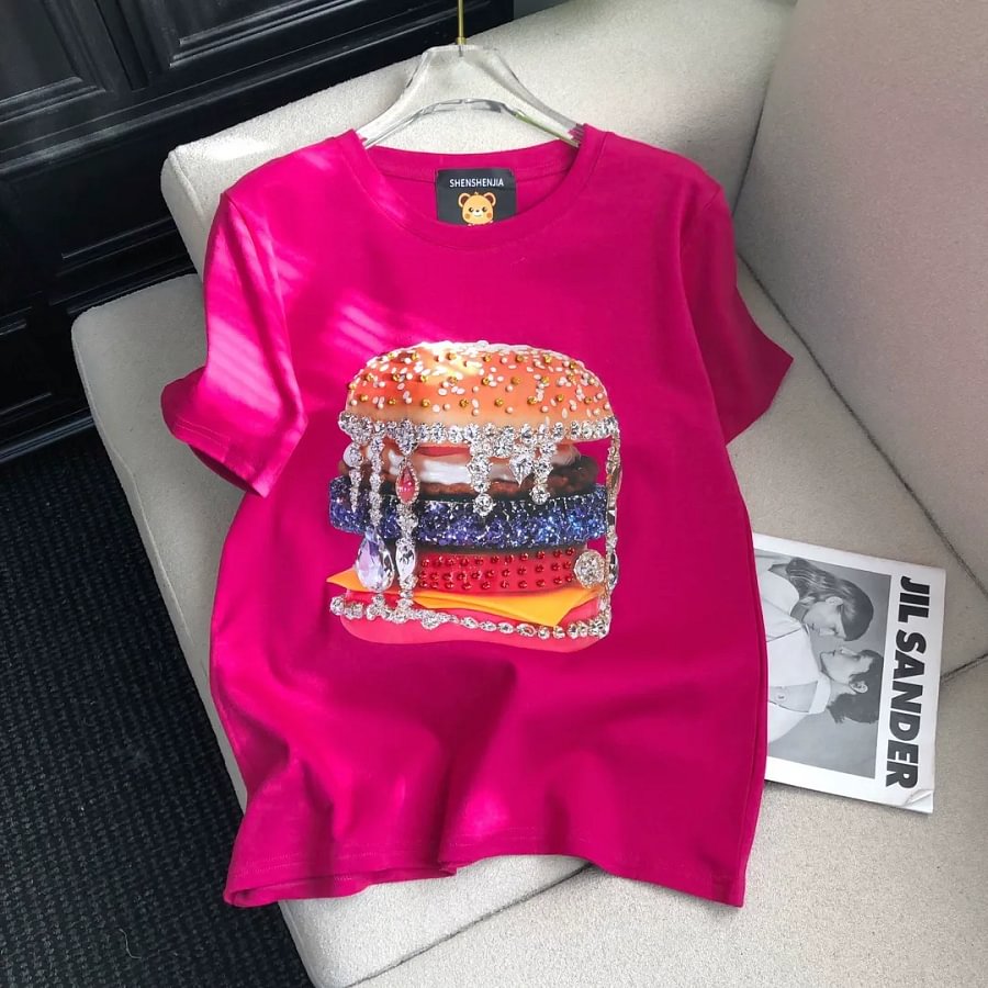 VINESU Pink Edgy-Cute Tee with Heavy Rhinestone Burger Print