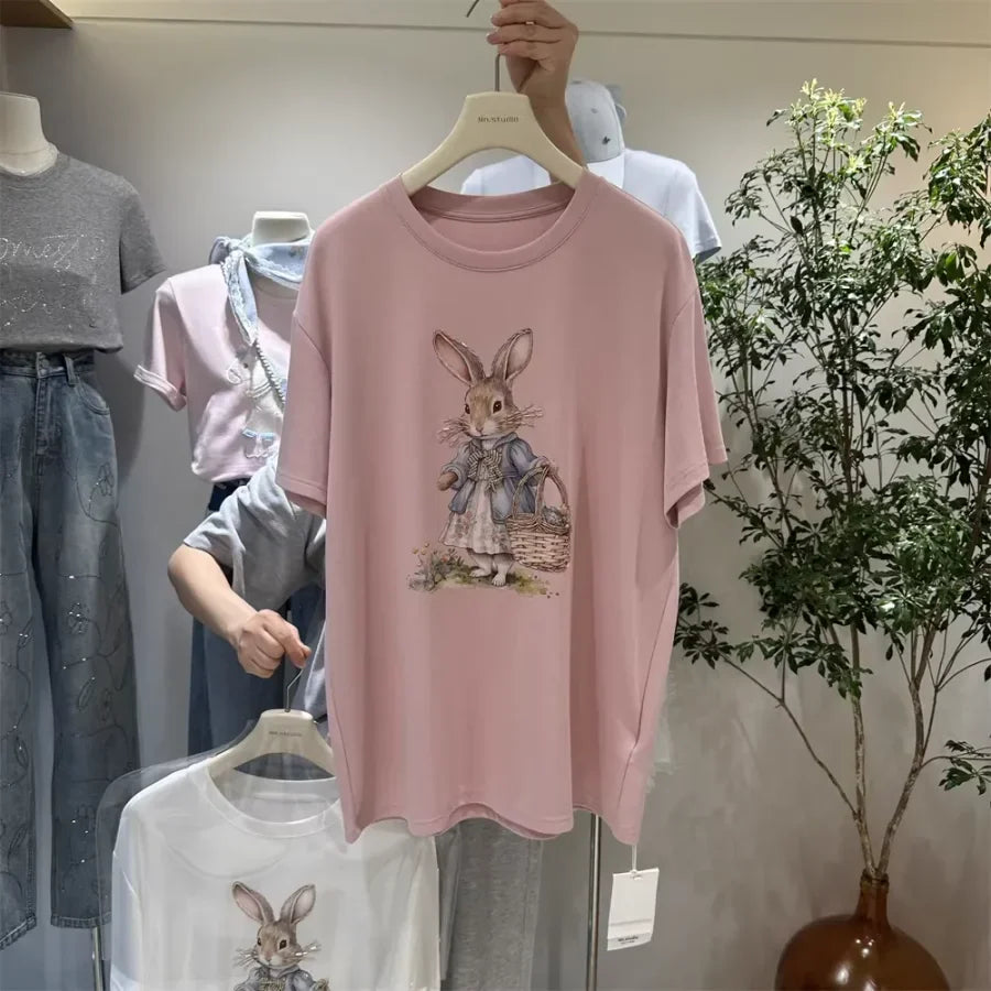 A136 - Oversized Rabbit Embroidery Tee - 220g Premium Cotton with Silver Bead Accents
