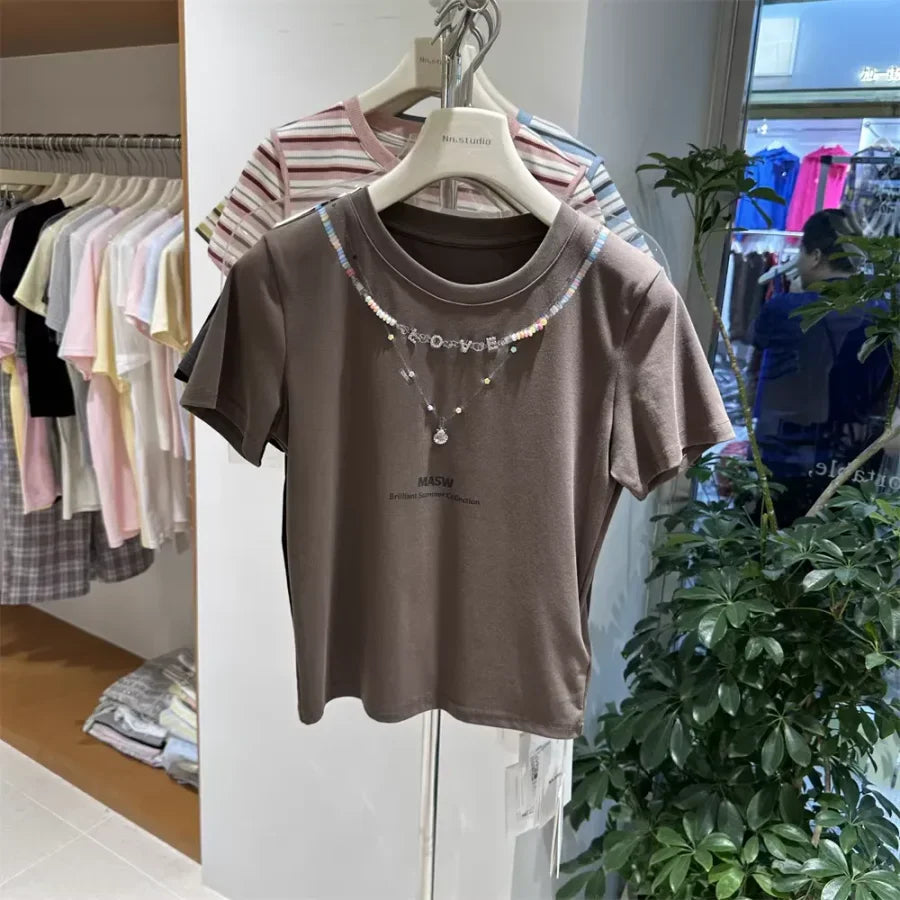 A126 - 220g Heavyweight Cotton T-Shirt with Pre-Layered Beaded Necklace Design - Brilliant Summer Collection Boutique Tee (Available in 4 Colors)