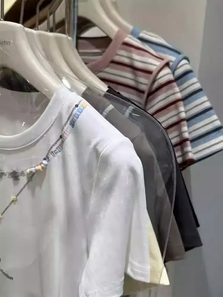 A126 - 220g Heavyweight Cotton T-Shirt with Pre-Layered Beaded Necklace Design - Brilliant Summer Collection Boutique Tee (Available in 4 Colors)