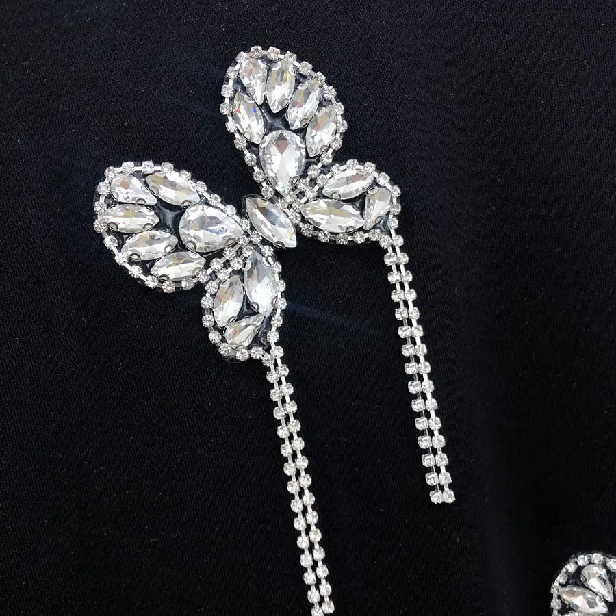 VINESU A26 - Rhinestone Butterfly Tassel Crew Neck Cotton T‑shirt, Soft & Stylish