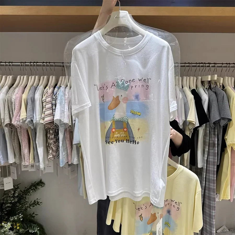 A128 - Premium 220g Cotton Graphic Tee – Cute "See You Hello" Duck with 3D Beaded Crown & Embroidery – Oversized Casual Streetwear