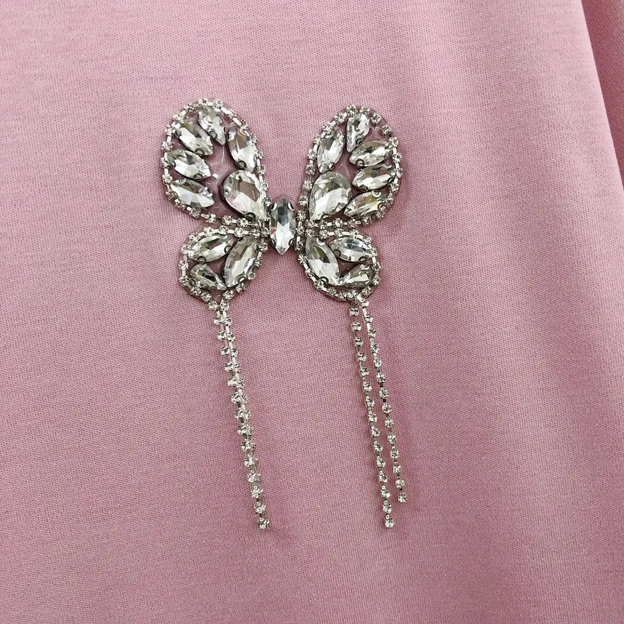 VINESU A26 - Rhinestone Butterfly Tassel Crew Neck Cotton T‑shirt, Soft & Stylish