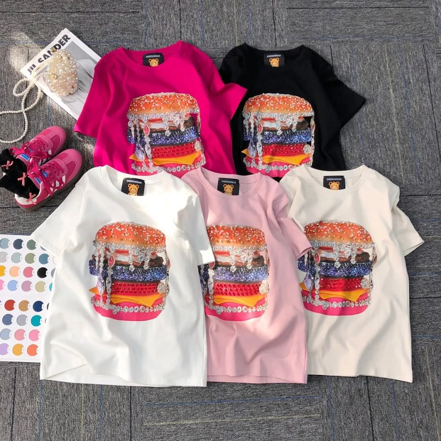 VINESU Pink Edgy-Cute Tee with Heavy Rhinestone Burger Print