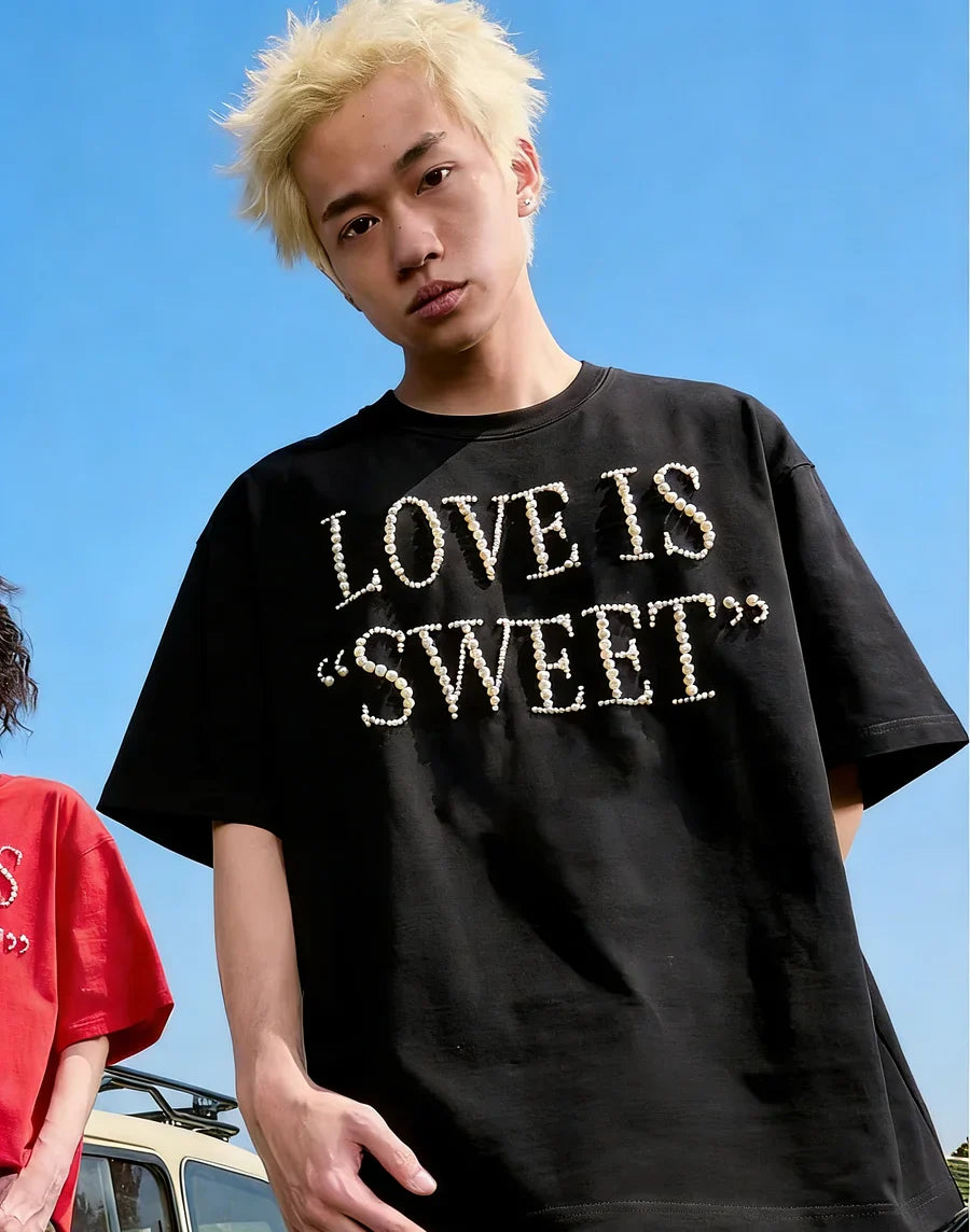 VINESU A37 - Oversized Pearl-Embellished "LOVE IS SWEET" T-Shirt, Unisex Streetwear Tee