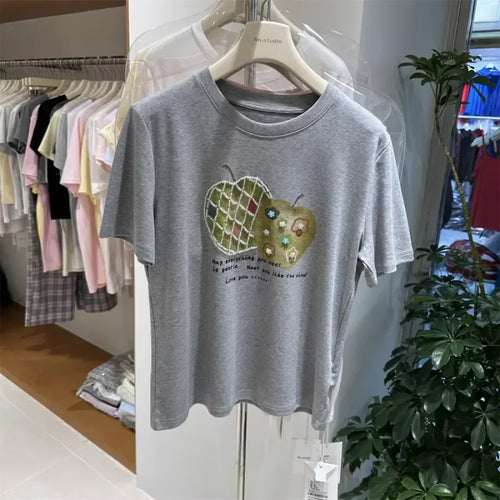 A123 - Premium Green Apple Graphic Tee with Crystal Beading & Gentle