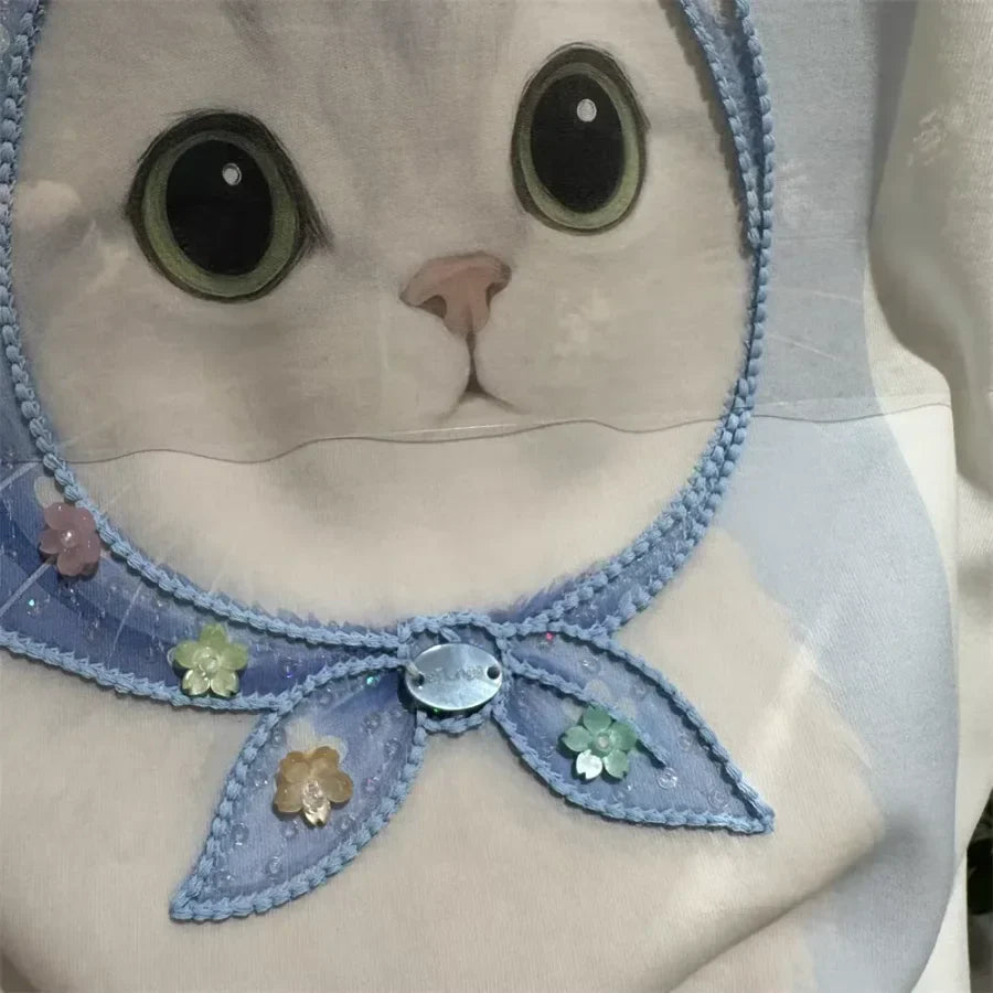 A125 - 220g Heavyweight Cotton Kawaii Cat Graphic T-Shirt - 3D Hand-Crocheted & Beaded Bandana Detail - Premium Boutique Aesthetic Tee