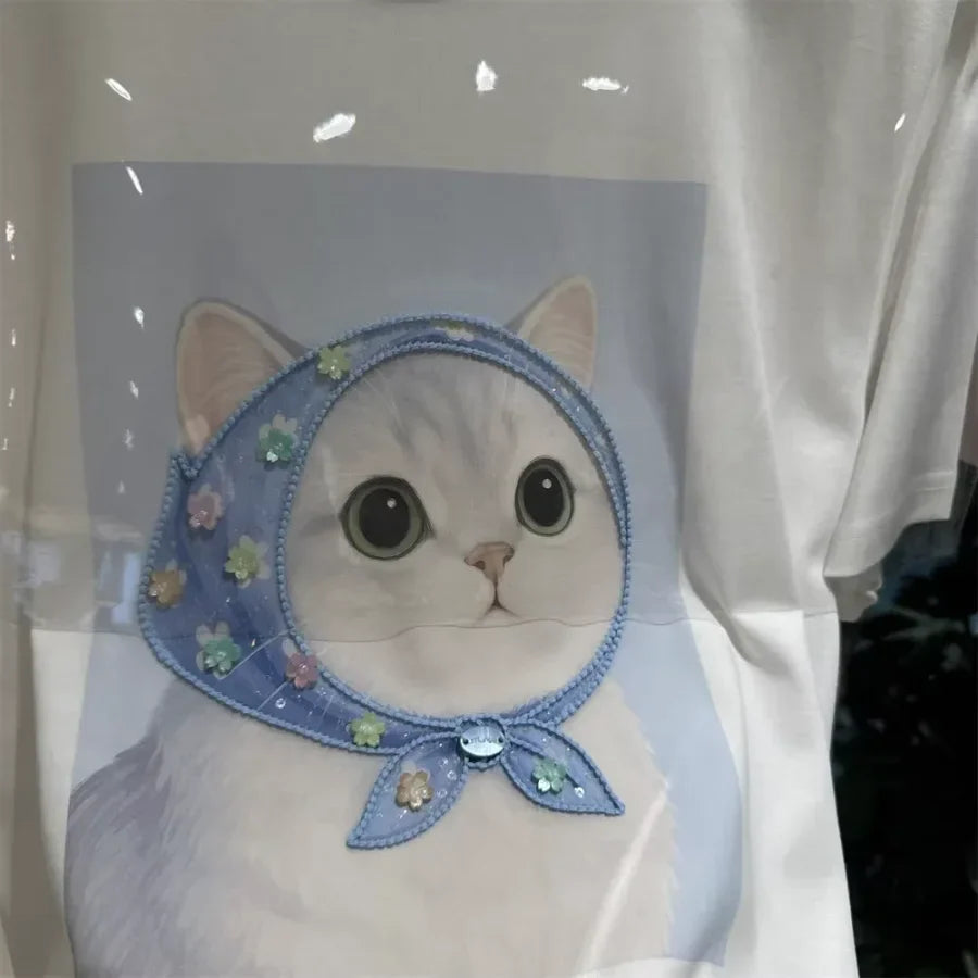 A125 - 220g Heavyweight Cotton Kawaii Cat Graphic T-Shirt - 3D Hand-Crocheted & Beaded Bandana Detail - Premium Boutique Aesthetic Tee