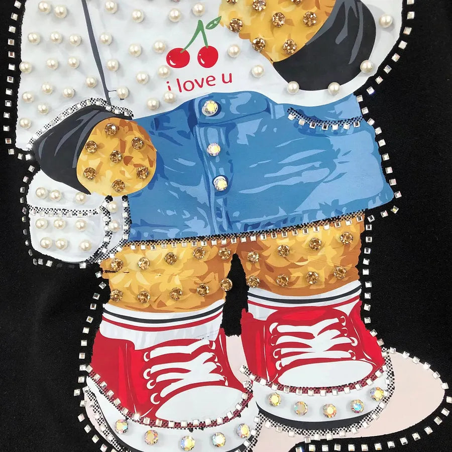 VINESU A18 - Selfie Teddy Bear Print Hand-Beaded Casual T-Shirt
