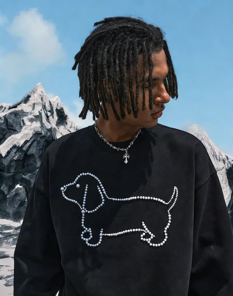 VINESU A35 - Oversized Pearl-Embellished Dachshund Graphic Sweatshirt, Couple’s Matching