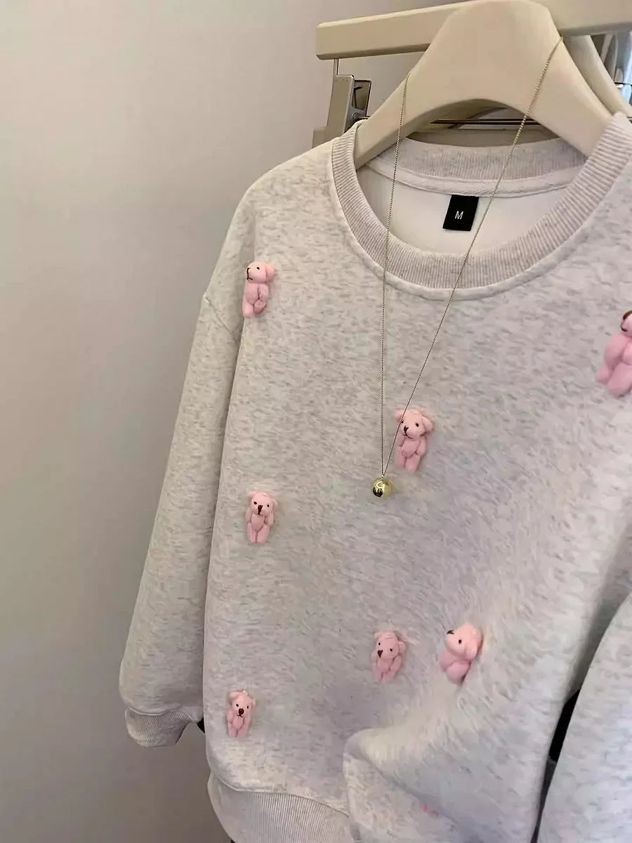 VINESU Trendy 3D Pink Bear Gray Sweatshirt for Casual Outfits - Gray