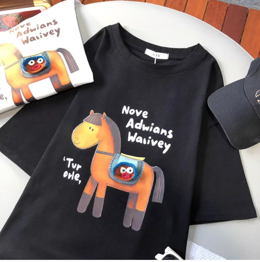 A110 - Artisan 3D Crochet Horse Graphic Tee - Hand-Knitted Detail & Premium Cotton, Boutique Style Embroidered Top
