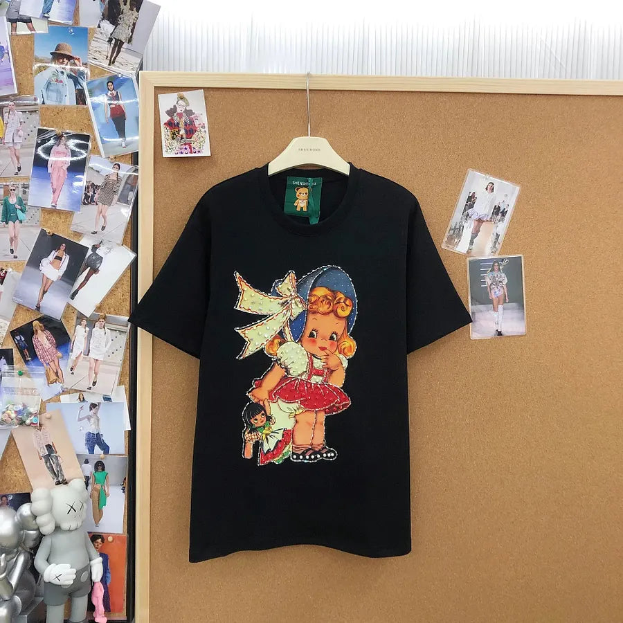VINESU A19 - Vintage Girl & Doll Pearl & Rhinestone Embellished Cotton T-Shirt