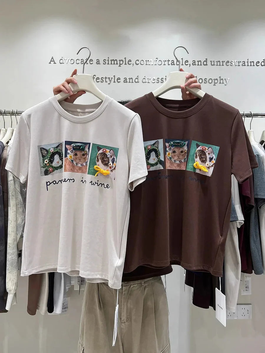 VINESU Style On Point🐈 Cat Illustration Tee—3D Accents Tell Stories