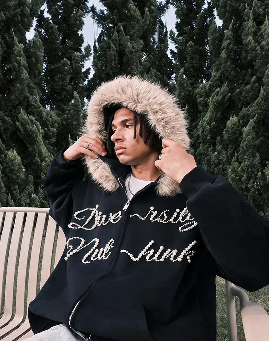 VINESU A34 - Oversized Fur Trim Rhinestone Letter Zip Up Hoodie, "Diversity" Graphic Streetwear Hoodie