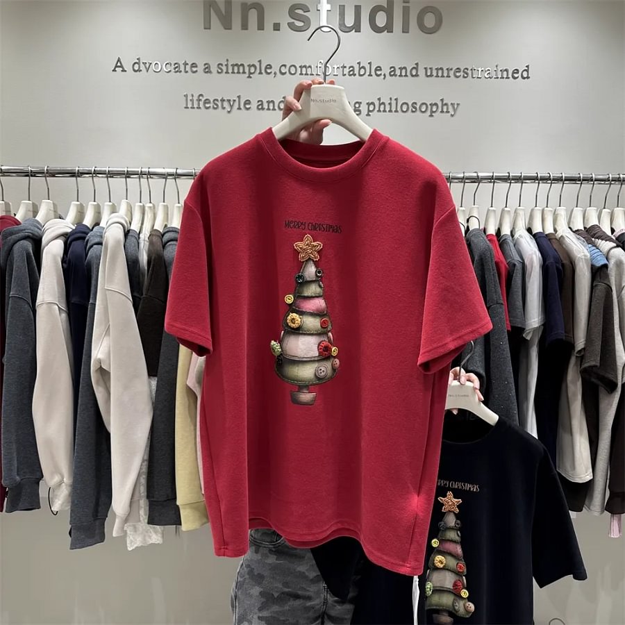 VINESU 🌲Heavy-Duty 3D Christmas Tree Embellished 220g 100% Cotton Tee